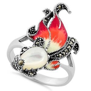 Sterling Silver Mother of Pearl Enamel Ghost Fish Marcasite Ring New
